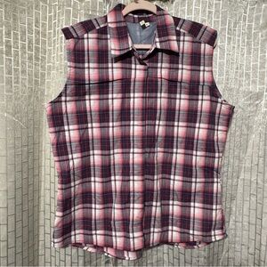 Dakini Plaid Boyfriend Shirt Women’s Large Red Stretch Hidden Pocket Vented